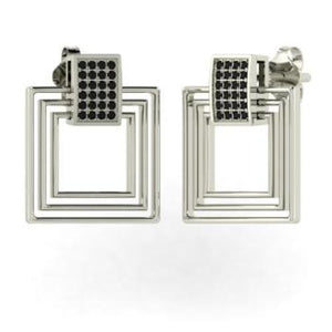 2.4ct Round Cut Black Diamond 3 Squares Stud Earrings 14k White Gold Finish