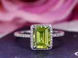 2.3ct Emerald Cut Green Peridot Halo Diamond Accents Ring 14k White Gold Finish