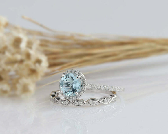 1.5ct Round Cut Blue Aquamarine Halo Vintage Bridal Set Ring 14k White Gold Over