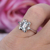 1.3ct Emerald Cut Blue Aquamarine Engagement Ring Trilogy 14k White Gold Finish