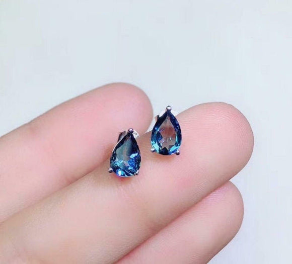 1ct Stud Earrings Pear Cut London Blue Topaz Solitaire Women 14k White Gold Over