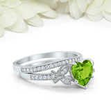 2ct Heart Cut Green Peridot Butterfly Accent Bridal Set Ring 14k White Gold Over