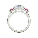 4Ct Emerald Cut Diamond Pink Sapphire Accents Trilogy Ring 14K White Gold Finish