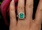 2.3ct Green Emerald Split Band Halo Women Engagement Ring 14k White Gold Finish