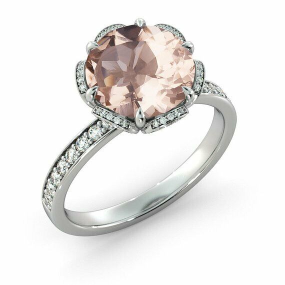 1.5ct Round Cut Peach Morganite Floral Women Engagement Ring 14k White Gold Over