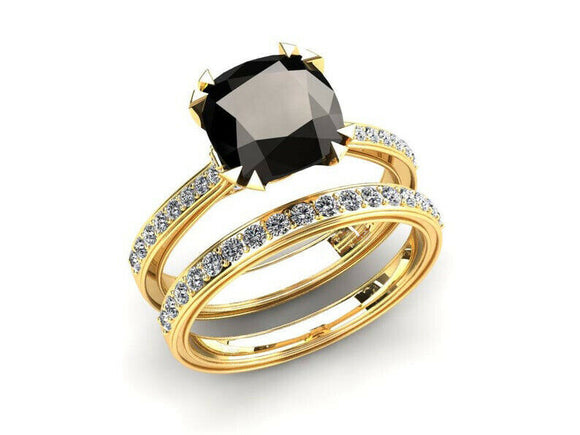 1.7ct Cushion Cut Black Diamond Engagement Ring Bridal Set 14k YellowGold Finish