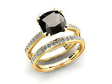 1.7ct Cushion Cut Black Diamond Engagement Ring Bridal Set 14k YellowGold Finish