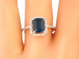 4Ct Emerald Cut Blue Sapphire Diamond Halo Engagement Ring 18K White Gold Finish