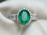 4ct Oval Green Emerald Engagement Ring Halo Baguette Accent 14k White Gold Over