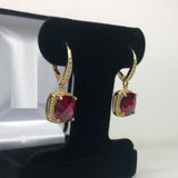 2ct Dangle Earrings Cushion Cut Ruby Ruby Diamond LeverBack 14k Yellow Gold Over