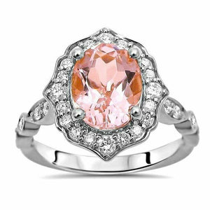 2.3Ct Oval Cut Peach Morganite Vintage Halo Engagement Ring 14K White Gold Over