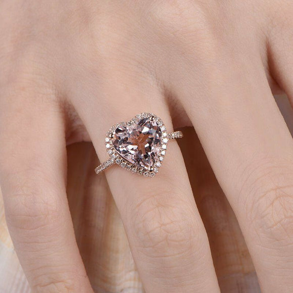 1ct Heart Cut Peach Morganite Halo Solitaire Engagement Ring 14k RoseGold Finish