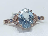 2.5ct Oval Cut Blue Aquamarine Milgrain Leaf Accent Ring 14k Rose Gold Finish