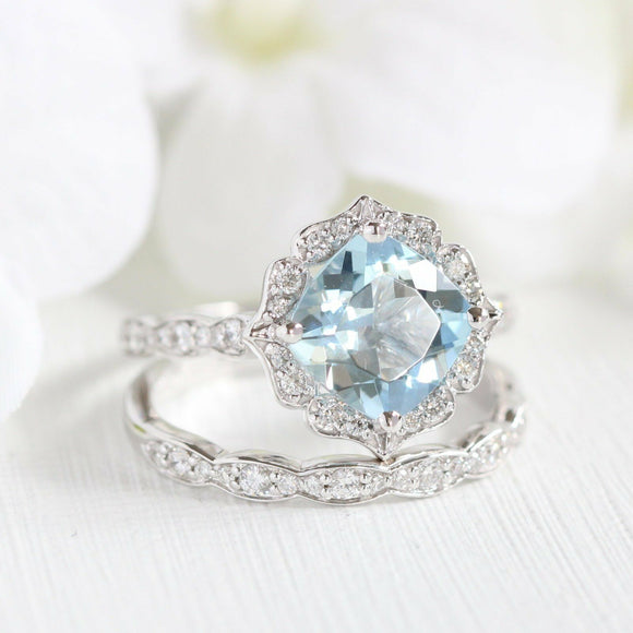 2ct Cushion Cut Blue Aquamarine Bridal Set Engagement Ring 14k White Gold Finish