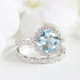 2ct Cushion Cut Blue Aquamarine Bridal Set Engagement Ring 14k White Gold Finish