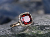 1.8Ct Cushion Cut Red Garnet Halo Solitaire Engagement Ring 14K Rose Gold Finish