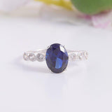 1.6ct Oval Cut Blue Sapphire Engagement Ring Diamond Accents 14k White Gold Over