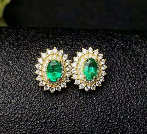 2.5ct Stud Earrings Oval Cut Emerald Dual Halo Floral 14k Yellow Gold Finish