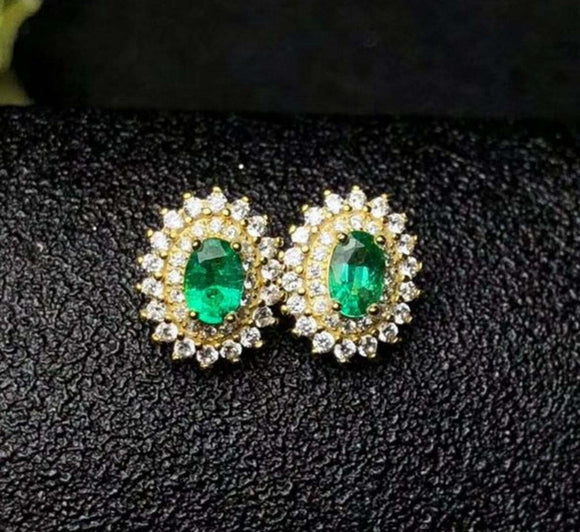 2.5ct Stud Earrings Oval Cut Emerald Dual Halo Floral 14k Yellow Gold Finish