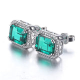 1.5ct Emerald Cut Green Emerald Halo Diamond Stud Earrings 14k White Gold Finish