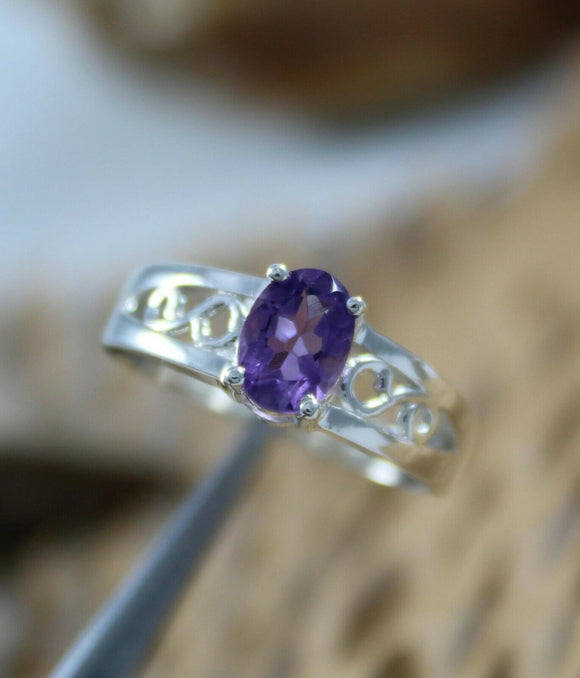 1.4ct Oval Cut Purple Amethyst Filigree Split Shank Ring 14k White Gold Finish