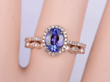 1.6ct Oval Cut Blue Tanzanite Bridal Set Engagement Ring 14k Rose Gold Finish