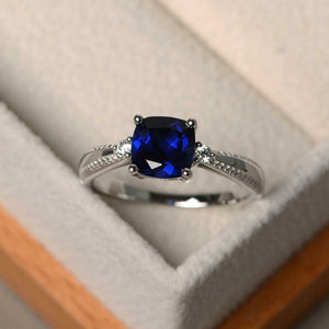 1.5ct Cushion Cut Blue Sapphire Engagement Ring Three Stone 14k WhiteGold Finish