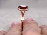 2.5ct Oval Cut Red Garnet Engagement Ring Halo Split Shank 14k Rose Gold Finish