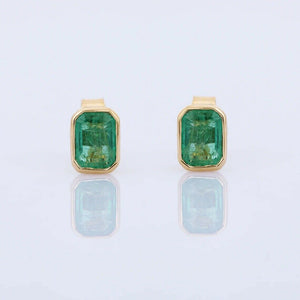 1.5ct Stud Earrings Green Emerald Cut Bezel Set Solitaire 14k Yellow Gold Finish