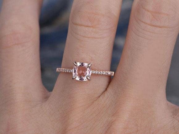 1.3Ct Cushion Cut Peach Morganite Minimalist Engagement Ring 14K Rose Gold Over