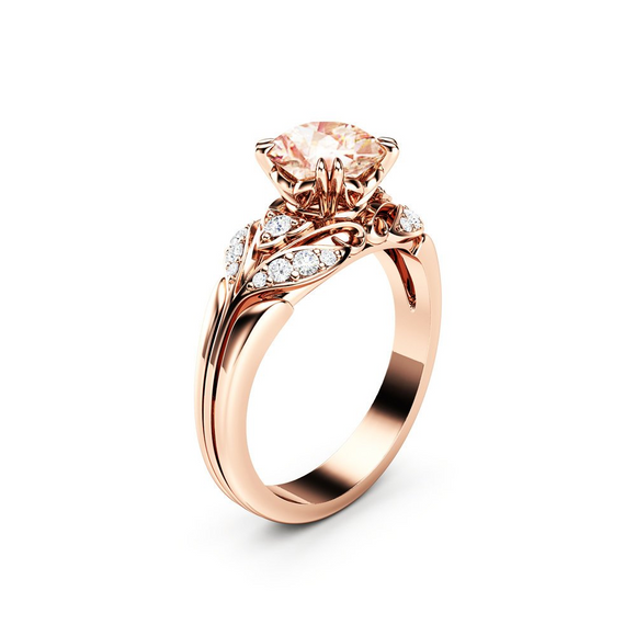 2ct Round Cut Peach Morganite Engagement Ring 14k Rose Gold Finish Leaf Design