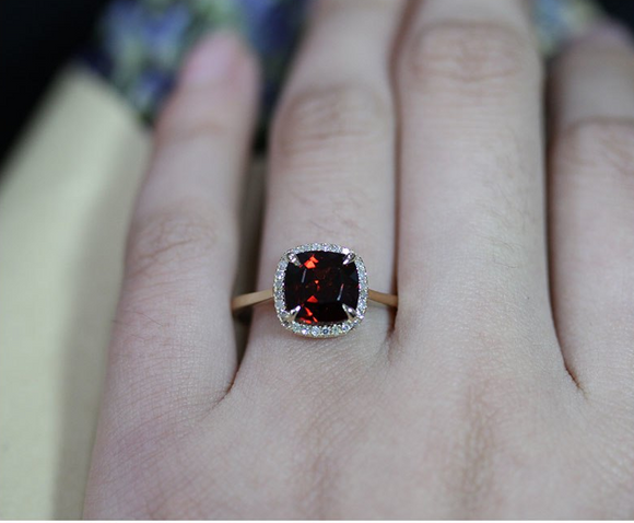 2ct Cushion Cut Red Garnet Engagement Ring 14k Yellow Gold Finish Halo Solitaire