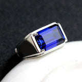 4ct Emerald Cut Blue Sapphire Solitaire Mens Engagement Ring 14k White Gold Over