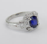 2.2ct Oval Blue Sapphire Art Deco Vintage Engagement Ring 14k White Gold Finish