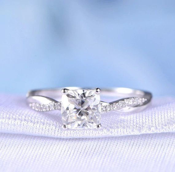 1ct Cushion Cut Diamond Engagement Ring 14k White Gold Over Twisted Wedding Band