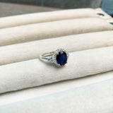 2ct Engagement Ring Oval Cut Blue Sapphire Round Accent Halo 14k White Gold Over