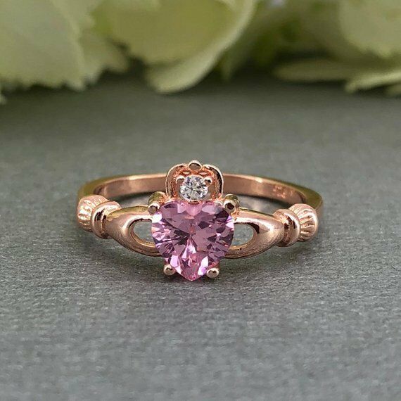 1ct Heart Cut Pink Sapphire Claddagh Design Engagement Ring 14k Rose Gold Finish