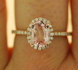 2.4ct Engagement Ring Oval Cut Peach Morganite Diamond Halo 14k Rose Gold Finish