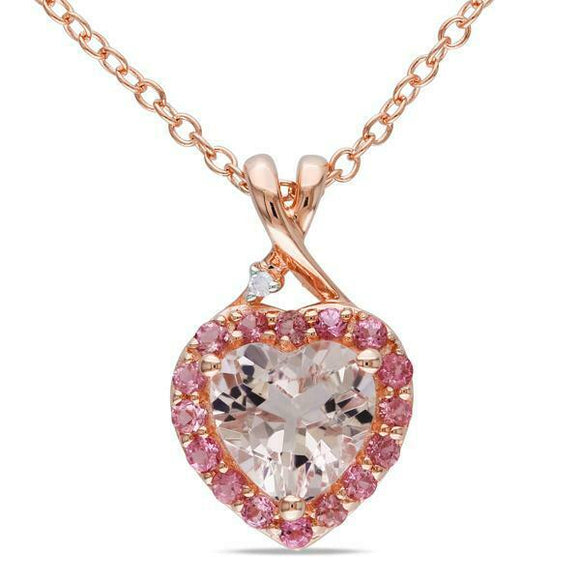 2ct Heart Cut Peach Morganite Pink Sapphire Halo Pendant 14k Rose Gold Finish