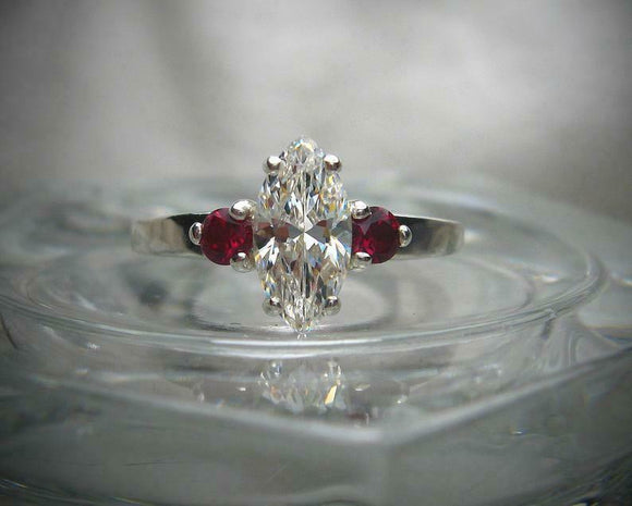 2.1ct Marquise Cut Diamond Trilogy Ring 14k White Gold Finish Ruby Round Accents