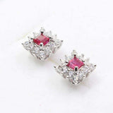 2ct Princess Cut Pink Ruby Floral Halo Stud Women Earrings 14k White Gold Finish