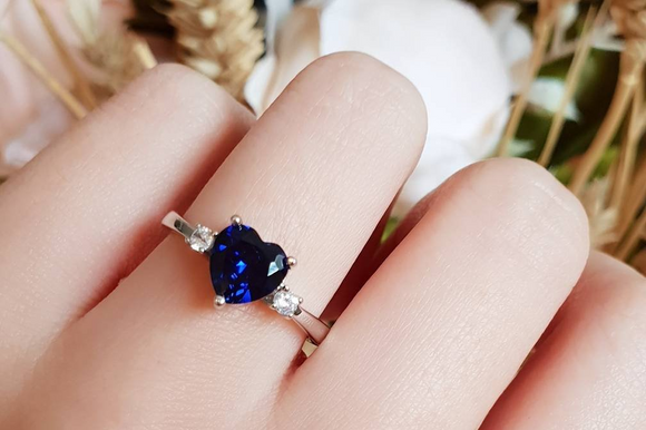 1.5ct Heart Blue Sapphire Engagement Ring 14k WhiteGold Finish Trilogy Solitaire