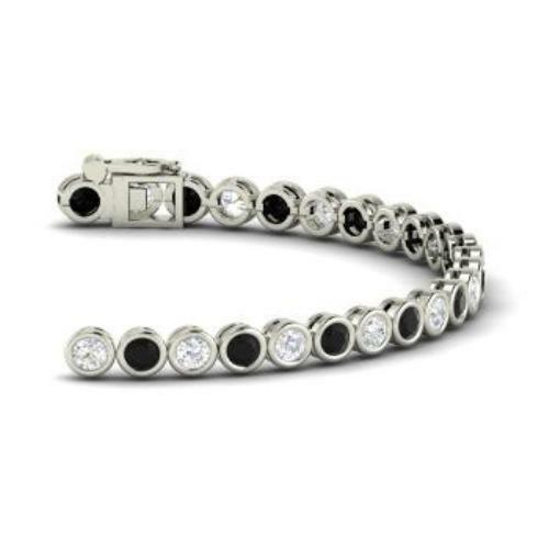 10Ct Round Cut Black White Diamond Bezel Set Tennis Bracelet 14K White Gold Over