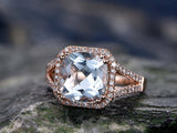 3Ct Cushion Cut Blue Aquamarine Split Band Halo Solitaire Ring 14K RoseGold Over