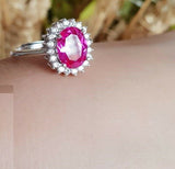 3ct Oval Cut Pink Sapphire Engagement Ring 14k White Gold Finish Halo Floral