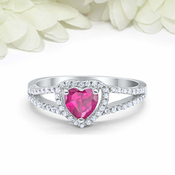 2.2ct Heart Cut Pink Ruby Engagement Ring Split Shank Halo 14k White Gold Finish