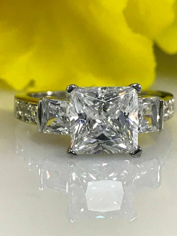 2ct Princess Cut Diamond 3 Stone Solitaire Engagement Ring 14k White Gold Finish