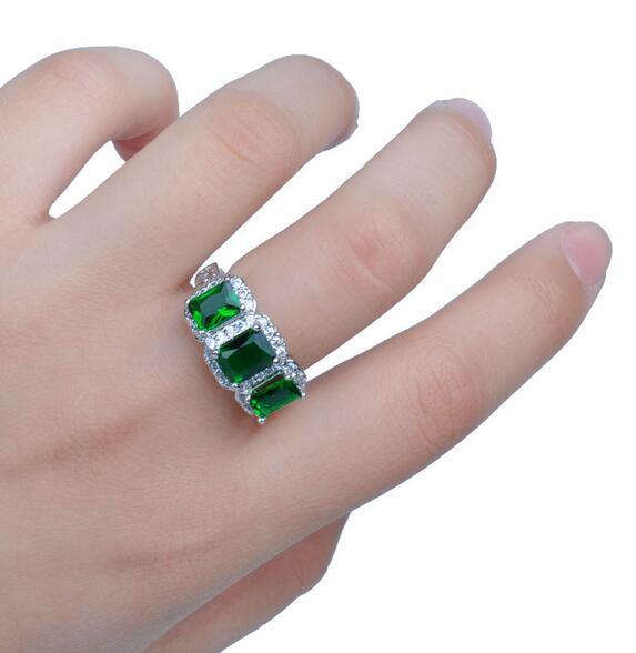 4Ct Radiant Cut Green Emerald Trilogy Halo Engagement Ring 14K White Gold Finish