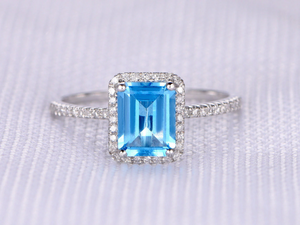 2ct Emerald Blue Topaz Engagement Ring Diamond Accents Halo 14k White Gold Over