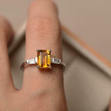 2ct Emerald Cut Yellow Citrine Engagement Ring Three Stone 14k White Gold Finish